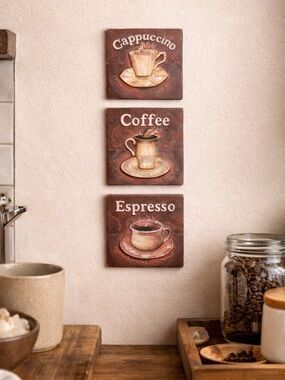 Rustic Coffee Bistro Wall Art Tiles | Espresso Cappuccino Decor (Set of 3)